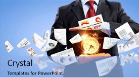  Presentation with future - Audience pleasing theme consisting of past future - image of businessman holding alarmclock backdrop and a light blue colored foreground