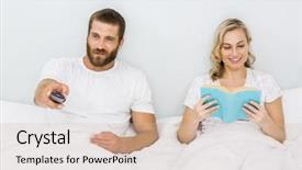  Presentation with television watching - Audience pleasing slides consisting of past life - man watching television while woman backdrop and a lemonade colored foreground