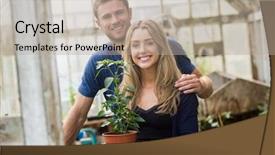  Presentation with home gardening - Colorful presentation theme enhanced with past simple - cute couple gardening in greenhouse backdrop and a mint green colored foreground