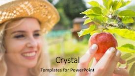  Presentation with orchard - Presentation design enhanced with past simple - young happy blonde picking background and a coral colored foreground