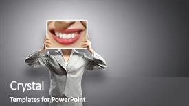  Presentation with foot mouth disease - Presentation theme with big teeth smiles - businesswoman holding banner with macro background and a gray colored foreground