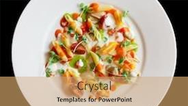  Presentation with appetizer - Beautiful presentation theme featuring pasta alla norma cooked in modern way served as cold appetizer isolated on black background backdrop and a yellow colored foreground