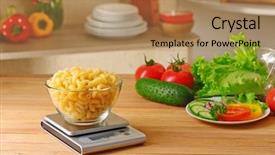  Presentation with pasta - Slide set with pasta and digital kitchen scale background and a coral colored foreground