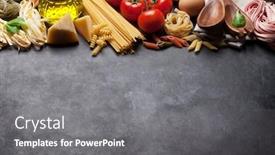  Presentation with pasta - Audience pleasing slide set consisting of pasta and ingredients on stone table top view with copy space backdrop and a gray colored foreground