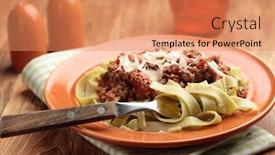  Presentation with shredded cheese - Presentation theme having pasta bolognese with shredded parmesan cheese background and a coral colored foreground