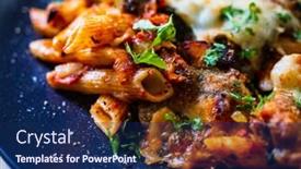  Presentation with breast - PPT theme with pasta-casserole-with-barbecue-chicken background and a navy blue colored foreground