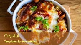  Presentation with mozzarella cheese - Cool new slides with pasta-casserole-with-minced-meat backdrop and a tawny brown colored foreground