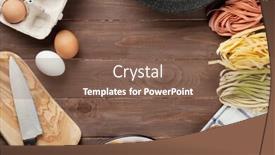  Presentation with cooking utensils - Theme featuring pasta cooking ingredients and utensils on wooden table top view with copy space background and a violet colored foreground