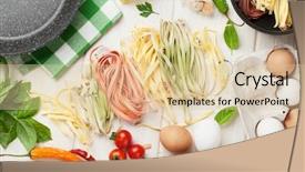  Presentation with cooking utensils - PPT layouts having pasta cooking ingredients and utensils on wooden table top view background and a lemonade colored foreground