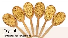  Presentation with penne pasta - Theme enhanced with pasta dried food in oak wood spoons over white background farfalle ditali rigati fusilli macaroni messicani and penne varieties from left to right background and a lemonade colored foreground