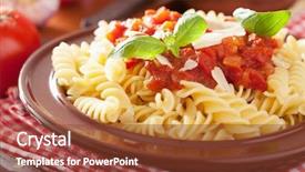  Presentation with pasta sauce - PPT theme featuring pasta fusilli with tomato sauce background and a tawny brown colored foreground