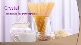  Presentation with curtain - PPT layouts having pasta in glass bottle with cream and different types of flour on wooden table on curtain background background and a sky blue colored foreground
