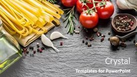  Presentation with pasta - Colorful PPT theme enhanced with pasta ingredients cherry-tomatoes spaghetti pasta rosemary and spices on a graphite board backdrop and a gray colored foreground
