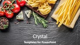  Presentation with graphite - Amazing slides having pasta ingredients cherry-tomatoes spaghetti pasta rosemary and spices on a graphite board backdrop and a gray colored foreground