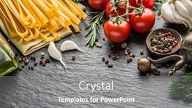  Presentation with graphite - Audience pleasing slides consisting of pasta ingredients cherry-tomatoes spaghetti pasta rosemary and spices on a graphite board backdrop and a gray colored foreground