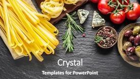 Presentation with graphite - PPT theme with pasta ingredients cherry-tomatoes spaghetti pasta rosemary and spices on a graphite board background and a dark gray colored foreground