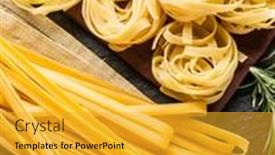  Presentation with graphite - Presentation theme consisting of pasta ingredients cherry-tomatoes spaghetti pasta rosemary and spices on a graphite board background and a gold colored foreground