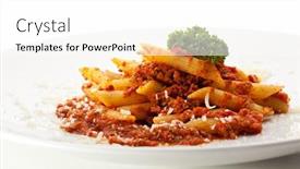  Presentation with penne pasta - Slide set featuring pasta penne with bolognese sauce garnished with parsley background and a white colored foreground