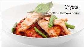  Presentation with penne pasta - Colorful theme enhanced with pasta penne with fried salmon garnished with tomato sauce backdrop and a sky blue colored foreground