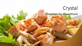  Presentation with penne pasta - Colorful theme enhanced with pasta penne with salmon slice and red caviar garnished on salad leaf with cream cheese sauce and lemon slice backdrop and a white colored foreground