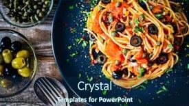  Presentation with pasta sauce - Colorful slide set enhanced with pasta-puttanesca-with-tomato-sauce backdrop and a navy blue colored foreground