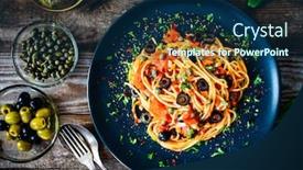  Presentation with pasta - Slides having pasta-puttanesca-with-tomato-sauce background and a navy blue colored foreground