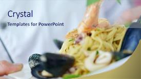  Presentation with cooking chef - Colorful PPT layouts enhanced with pasta salad and seafood fish backdrop and a sky blue colored foreground
