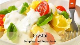  Presentation with salad dressing - Audience pleasing slide deck consisting of detail of pasta salad backdrop and a yellow colored foreground