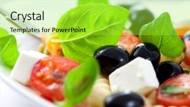  Presentation with feta cheese - Presentation design consisting of pasta salad with feta cheese cherry tomatoes black olives spices and fresh basil symbolic image concept for a tasty and healthy meal selective focus white background close up background and a yellow colored foreground