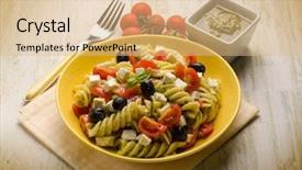  Presentation with pasta - Audience pleasing presentation design consisting of pasta salad with pesto feta tomatoes and black olives backdrop and a coral colored foreground
