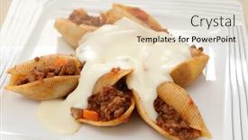  Presentation with shells - Slides having pasta shells filled with a bolognaise-type meat sauce and topped with a cheesy bechamel background and a lemonade colored foreground