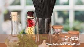  Presentation with spaghetti - Cool new presentation theme with pasta spaghetti vegetables and spices on wooden table on bright background backdrop and a coral colored foreground