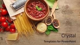  Presentation with spaghetti - Theme with pasta spaghetti with tomatoes sauce background and a coral colored foreground