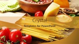  Presentation with pasta sauce - PPT theme enhanced with pasta-spaghetti-with-tomatoes-sauce background and a gold colored foreground