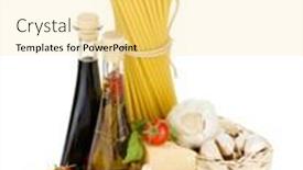  Presentation with olive oil - Colorful slide deck enhanced with pasta tomatoes basil olive oil vinegar garlic and parmesan cheese isolated on white background backdrop and a blonde colored foreground