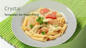  Presentation with pasta sauce - Audience pleasing presentation design consisting of pasta-tubes-chicken-meat backdrop and a soft green colored foreground