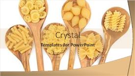  Presentation with macaroni - Presentation having pasta varieties of macaroni messicani farfalline conchiglie farfalle and fusilli in olive wood spoons over white background background and a yellow colored foreground