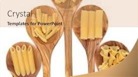  Presentation with penne pasta - PPT theme having pasta varieties of penne fiorelli algar rigatoni and casarecce in olive wood spoons over white background background and a yellow colored foreground