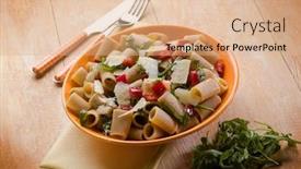  Presentation with capsicum - Slide set having pasta with arugula capsicum and parmesan cheese background and a coral colored foreground