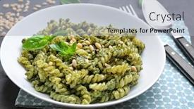  Presentation with pasta sauce - Audience pleasing slides consisting of pasta-with-basil-pesto-sauce backdrop and a light gray colored foreground