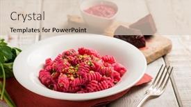  Presentation with nuts - Audience pleasing theme consisting of pasta-with-beet-pesto backdrop and a lemonade colored foreground