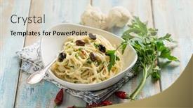  Presentation with cauliflower - Presentation having pasta-with-cauliflower-black-olives background and a soft green colored foreground