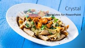  Presentation with pasta sauce - Presentation having pasta with chanterelle mushrooms and sauce background and a light blue colored foreground