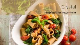  Presentation with spinach - Slides having pasta with chicken spinach and tomatoes background and a coral colored foreground