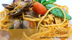  Presentation with clam - PPT theme having pasta with clam dinner dish on a the table background and a gold colored foreground