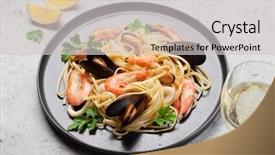  Presentation with clams - Cool new PPT theme with pasta with clams and prawns backdrop and a light gray colored foreground