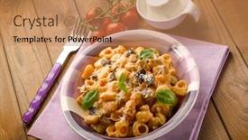  Presentation with eggplant - Theme consisting of pasta-with-eggplant-tomatoes-ricotta background and a coral colored foreground
