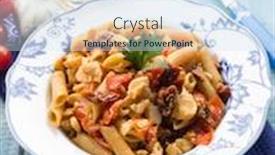  Presentation with pasta - Presentation design consisting of pasta with fish ragout and dried tomatoes selective focus background and a sky blue colored foreground