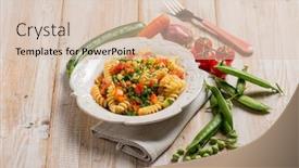  Presentation with peas - Theme featuring pasta with green peas zucchinis fresh tomatoes and carrot background and a lemonade colored foreground