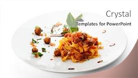  Presentation with pasta sauce - Audience pleasing PPT layouts consisting of pasta with meat sauce and basil leaf backdrop and a white colored foreground